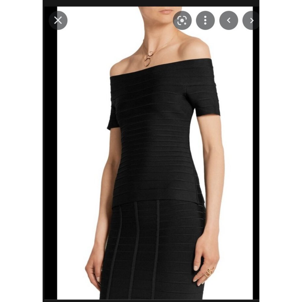 Herve Leger Black Off-Shoulder Short Sleeve Bandage Top